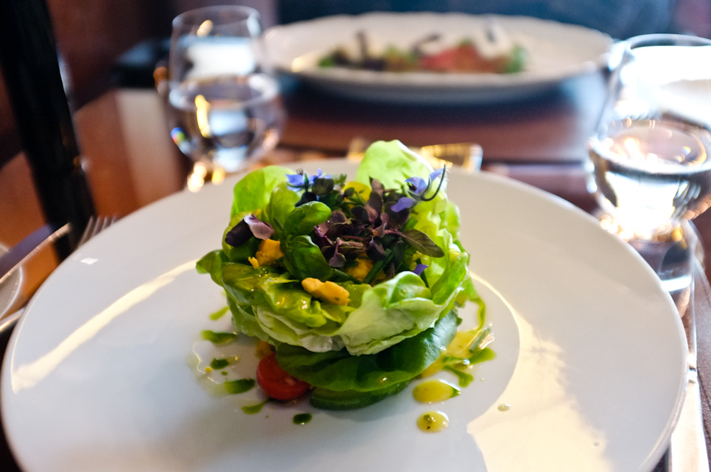 Butter-Lettuce-Salad-Avocado-Shropshire-Blue-Cheese-Champagne-Herb-Vinaigrette-topped-with-edible-flowers-at-CUT-London-located-inside-the-exquisite-45-Park-Lane